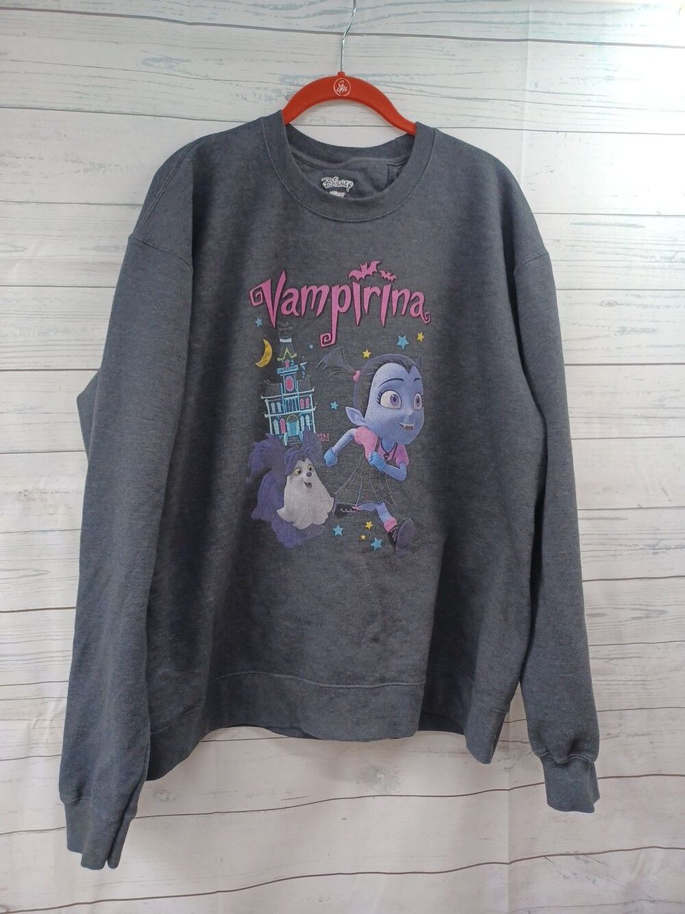 Disney Vampirina Womens Pullover Sweater Gray Pink Crew Neck Sz XL